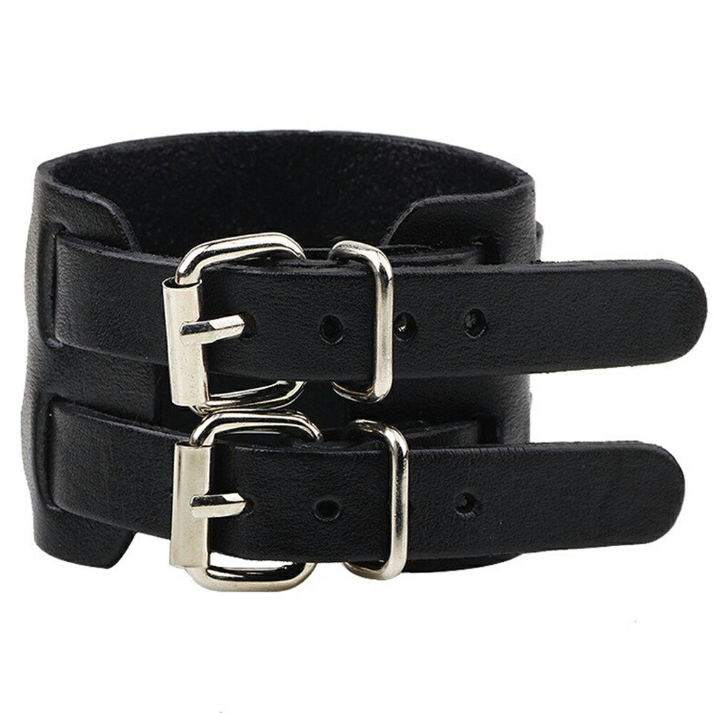 楽天市場】ダブルバックルブラックレザーブレスレット 黒色 手首