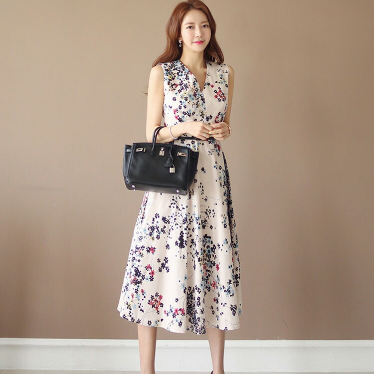 楽天市場】花柄ワンピース Aライン ノースリーブ フレアワンピ 白