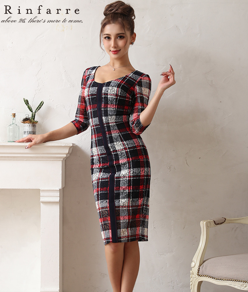 チェック柄七分袖ミディ/MIRIN - カラードレス