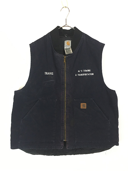 古着 Carhartt ネイビー ダック 首リブ パデット ベスト XL 古着