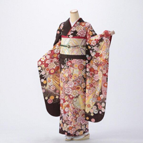 京都きもの友禅 振袖 中古 フルセット 成人式 Mサイズ 古典 茶系 着物