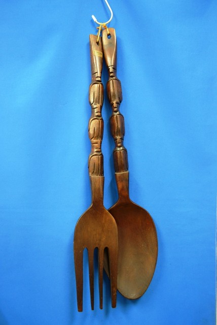 天然木 無垢材 ビッグスプーン＆フォーク フィリピン製 オブジェ 壁
