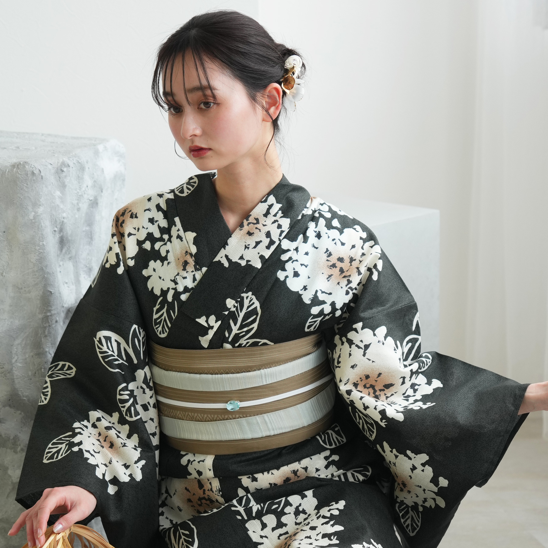 utatane 浴衣 レディース セット 高級変わり織 浴衣3点セット 苔色の