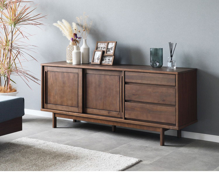 キャビネット 幅161cm サイドボード 脚付き パイン材 ウォールナット