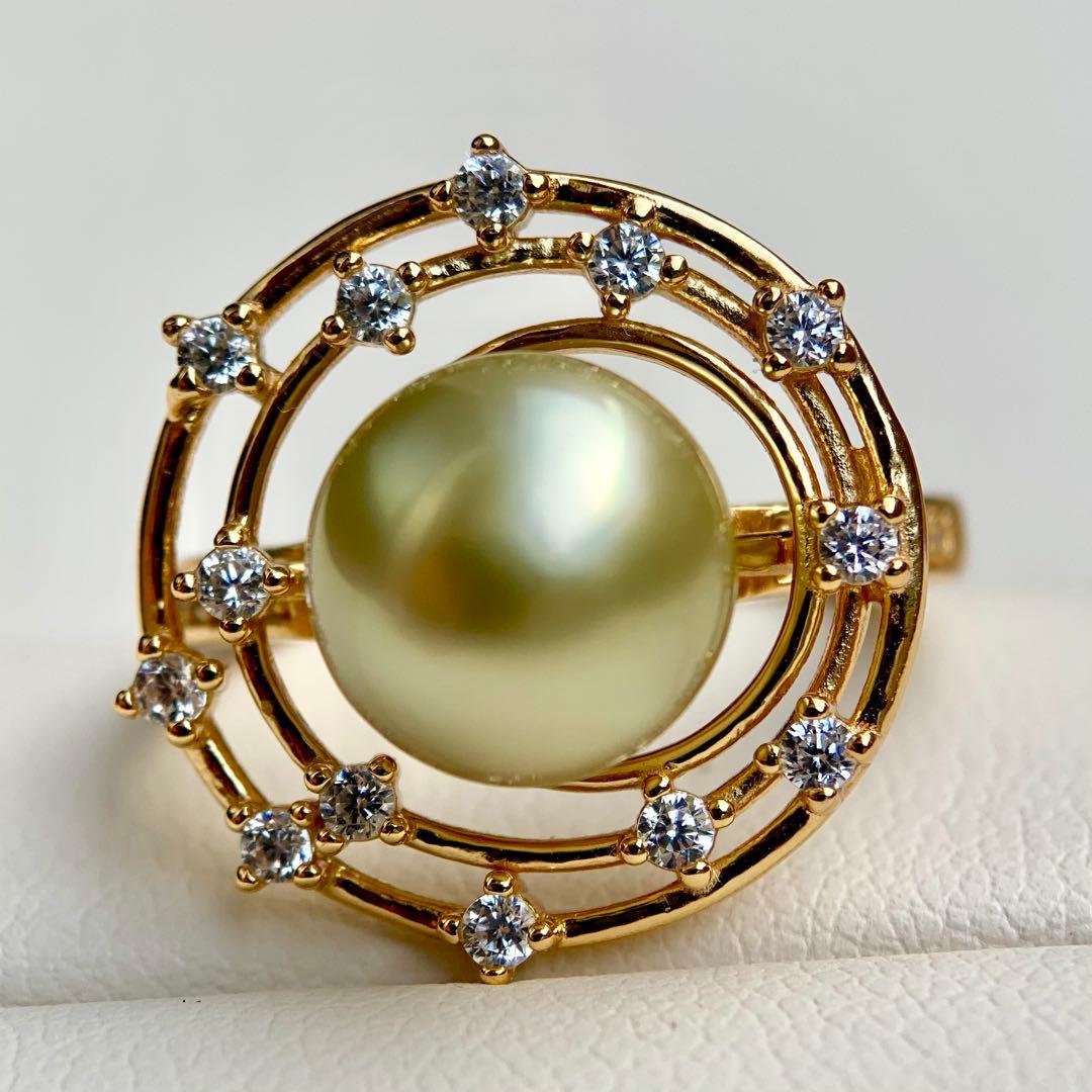 本真珠南洋白蝶真珠　茶金(緑)9.6㍉s925リングY1023