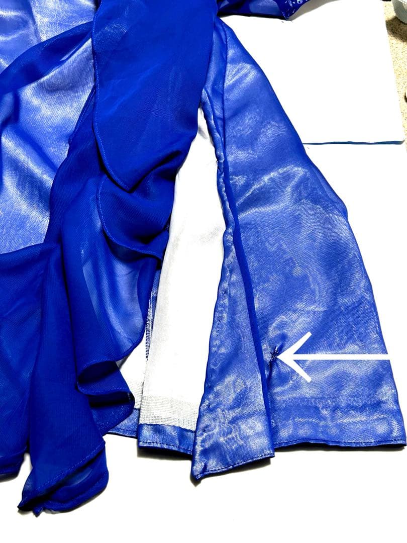 青いジョゼットにスパンコールビーズ装飾　社交ダンスドレス ドレープフリル