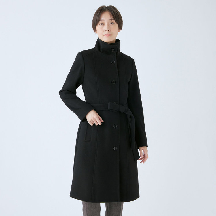 SL】カシミヤブレンドスタンドカラーベルテッドコート/ブラック